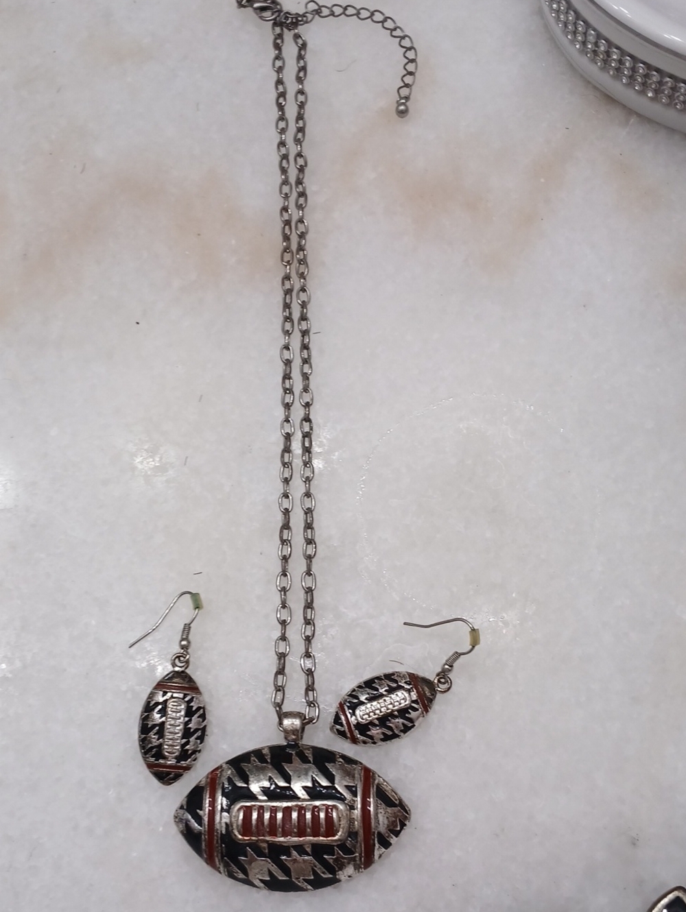 Houndstooth Football Pendant Necklace and Earring Set - Crimson,Black and Silver